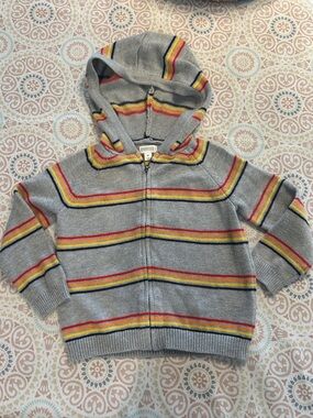 Toddler Gymboree Knit Gray Hooded Zip Sweater with Red, Yellow and Blue Stripes